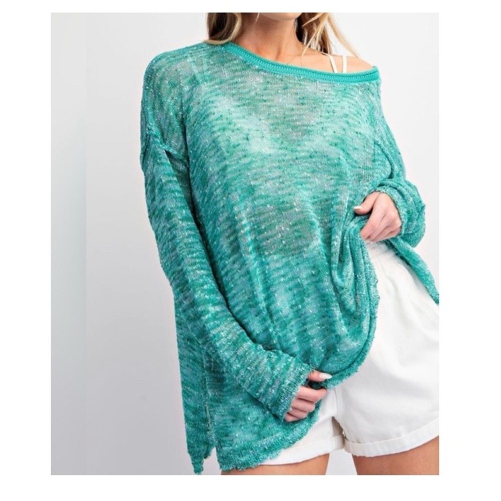 Easel Teal Semi Sheer Knit Long Sleeve Top NWT